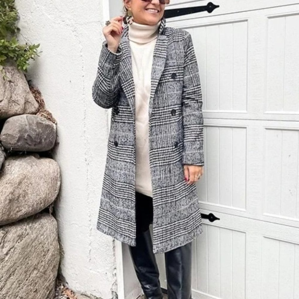 plaid Print Double Breasted Pea Overcoat jacket fall/winter - Picture 2 of 15
